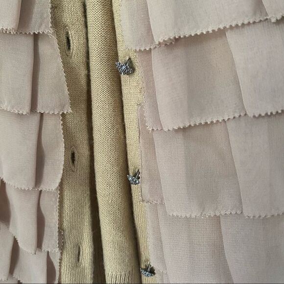 New York & Co Women’s Ruffle Front Button Closing Tan Color Crew Neck Cardigan - Picture 3 of 4